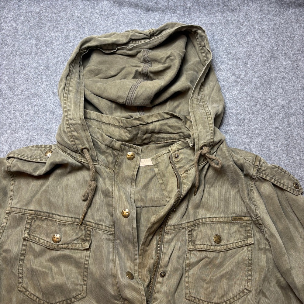 Max Jeans Green Hoodie Cinched Waist Military Cargo Parka Utility Jacket Women L - Picture 2 of 10